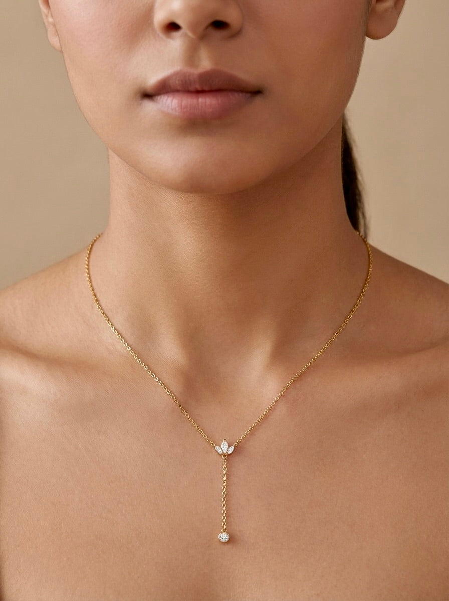 Velisse dropline CZ Y-necklace in gold anti-tarnish finish on neck for daily elegance