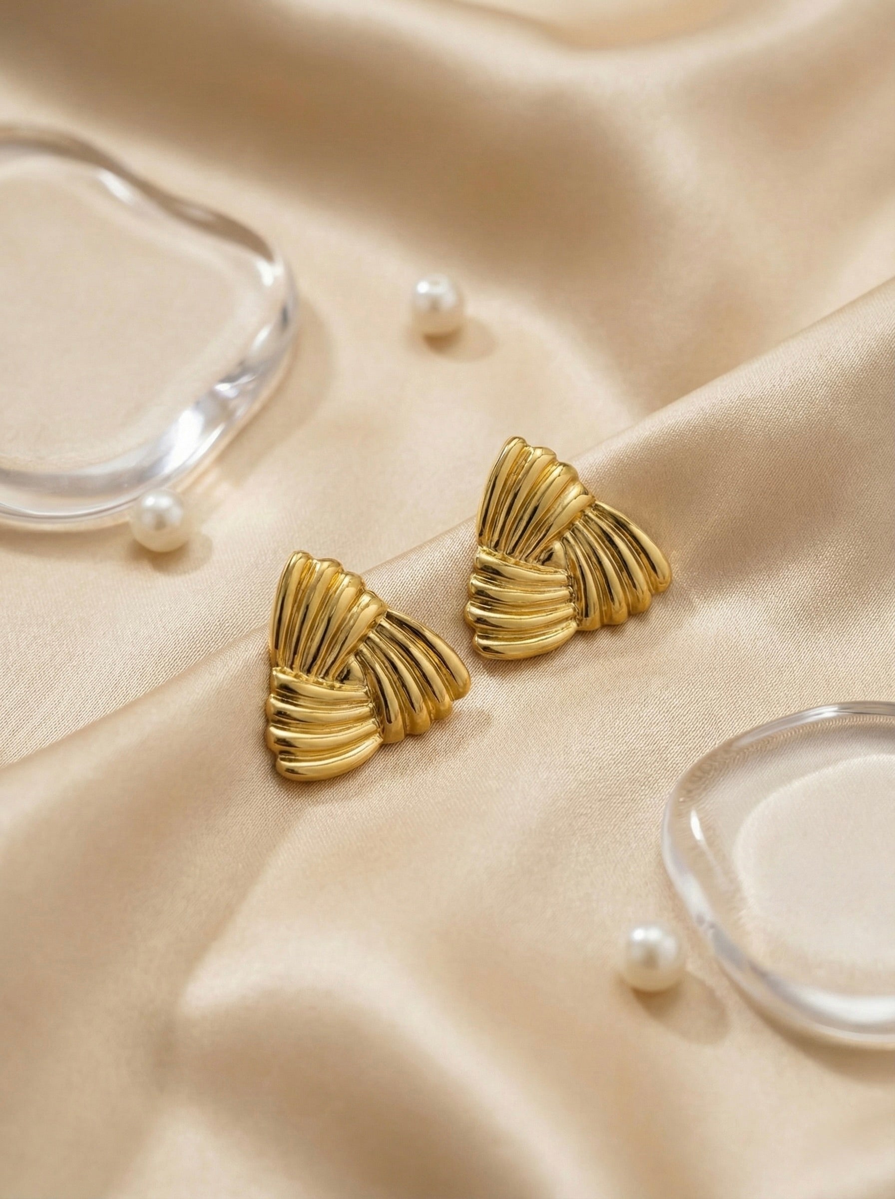 Velmora Sculpted Fan gold stud earrings with anti-tarnish finish for women