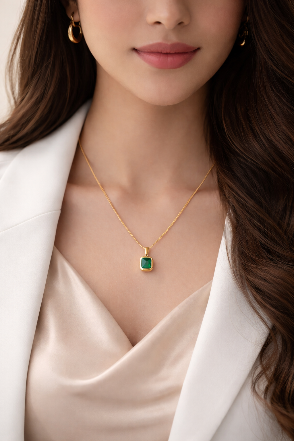 Verdelle Recta green rectangular pendant necklace with anti-tarnish gold finish by sajheera, styled on model for everyday office elegance