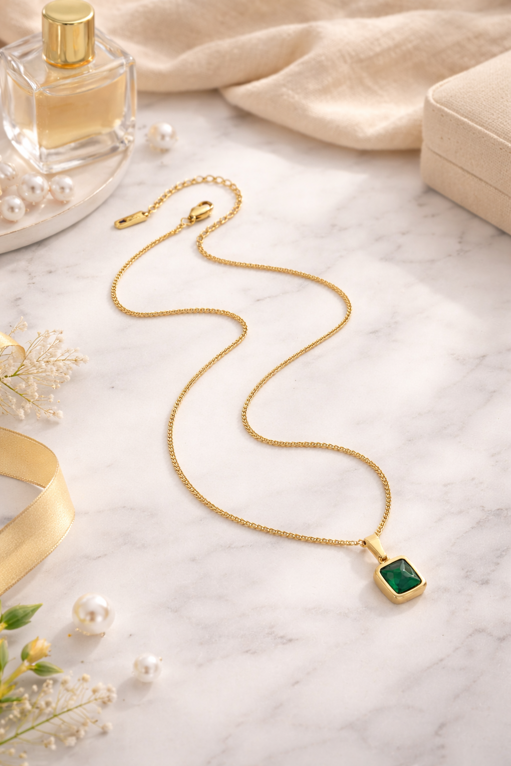 Minimal gold green rectangular verdelle pendant necklace styled for everyday elegance