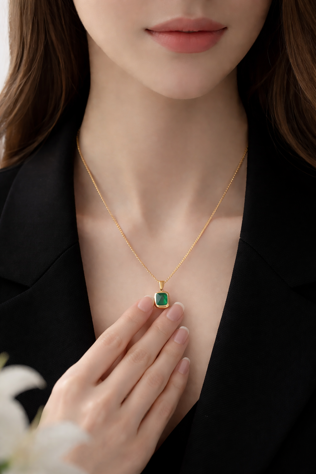 Verdelle Recta anti-tarnish gold green pendant necklace styled on model