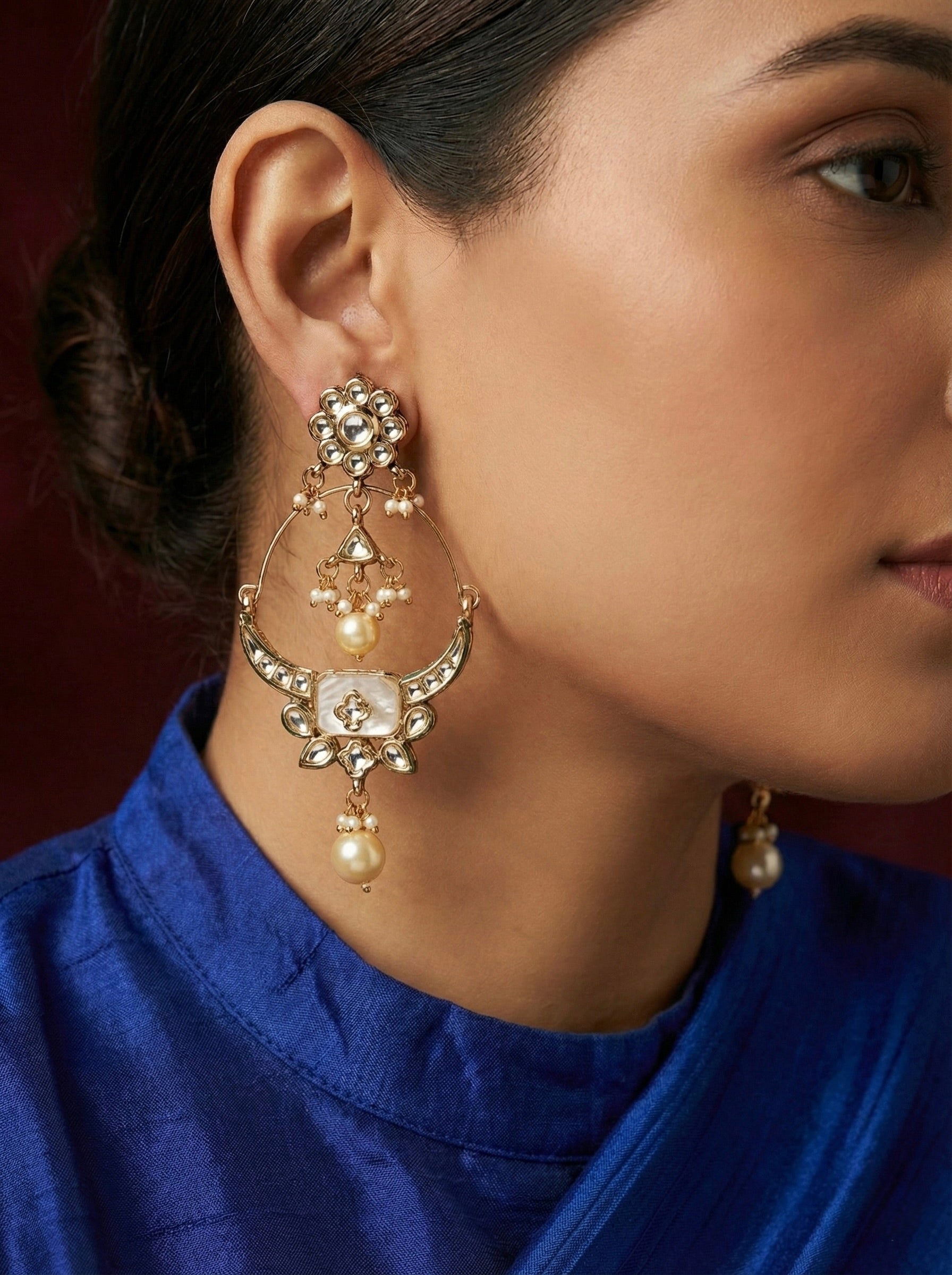 Statement Wedding Jewellery – White Kundan & Pearl Dangler Earrings