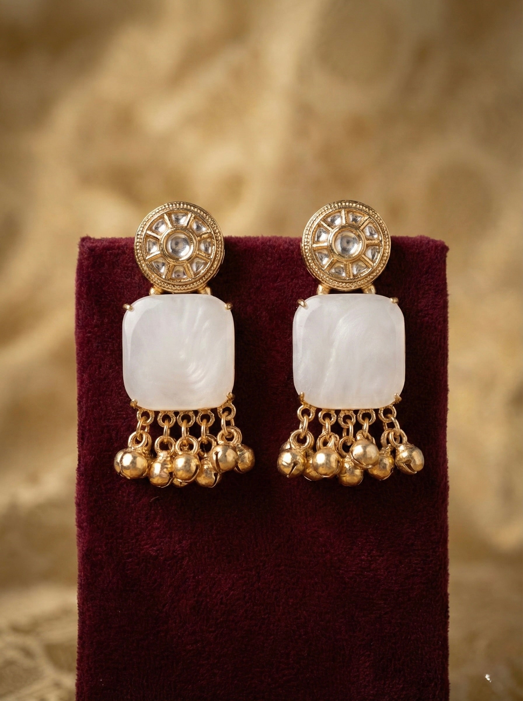 White Mother of Pearl Dangler Earrings with Antique Gold Kundan Stud & Ghungroo Drops