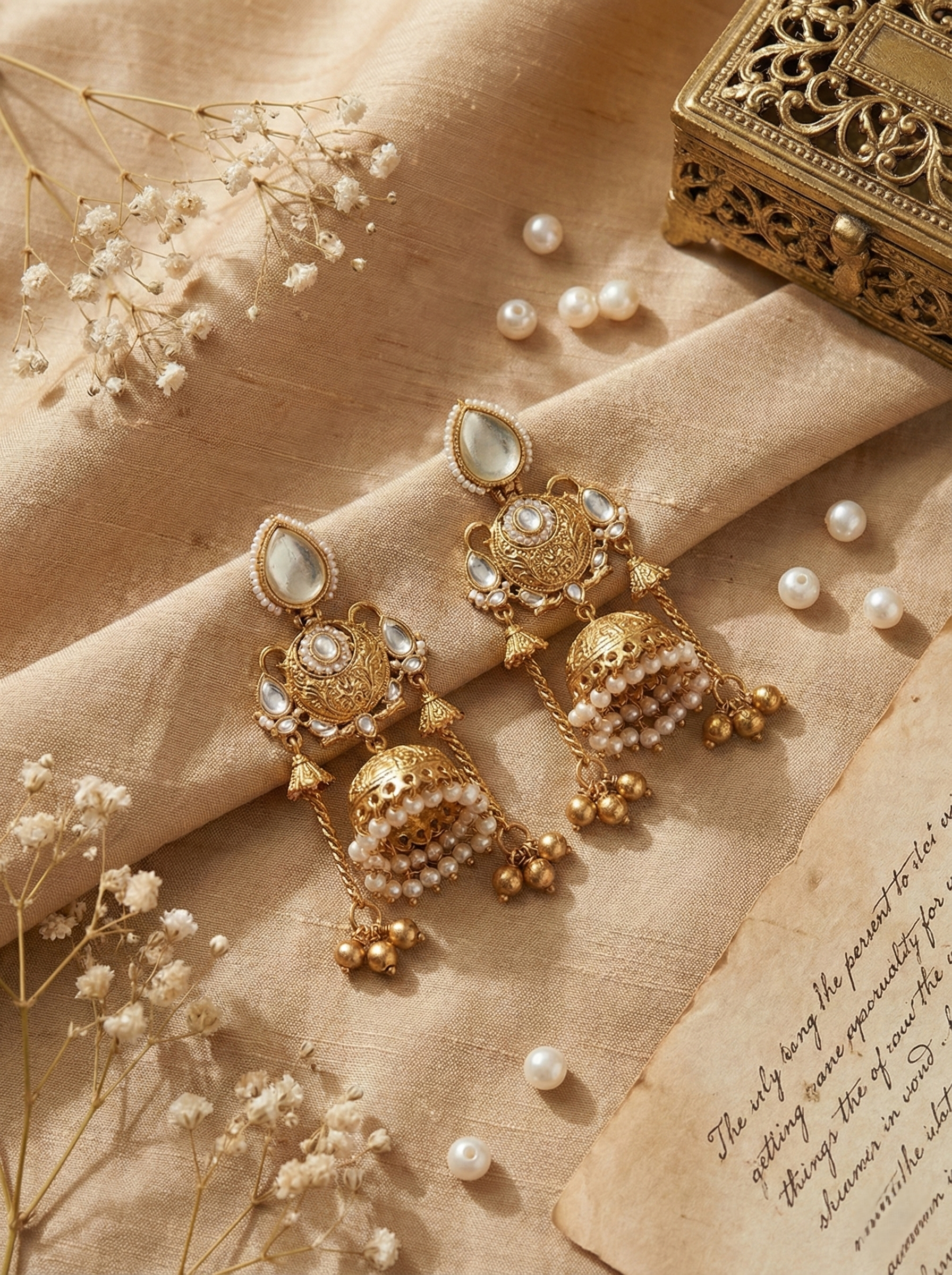 White Stone Dual Dome Jhumka Earrings in Antique Gold with Pearl Danglers